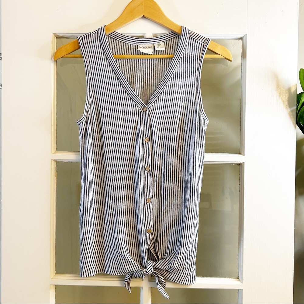 Rachel Zoe Women's Linen Blue & White Striped Sleeveless Top (Size Small)